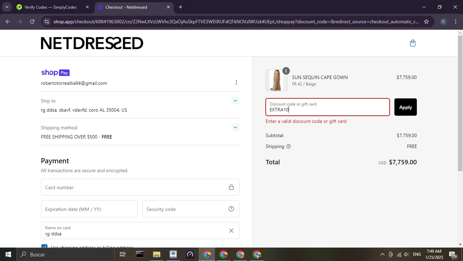 Netdressed discount code screenshot showing code EXTRA10 applied at Netdressed checkout page. Uploaded by SimplyCodes community member benjamnlev on Jan 25, 2025