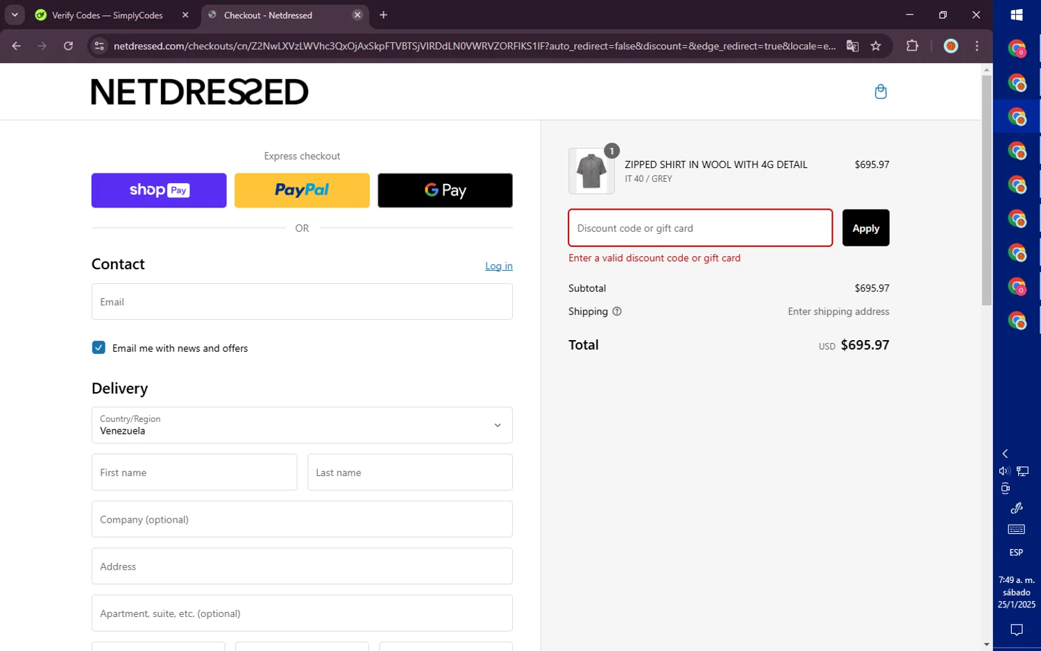Netdressed discount code screenshot showing code EXTRA10 applied at Netdressed checkout page. Uploaded by SimplyCodes community member PromoVoyager8446 on Jan 25, 2025