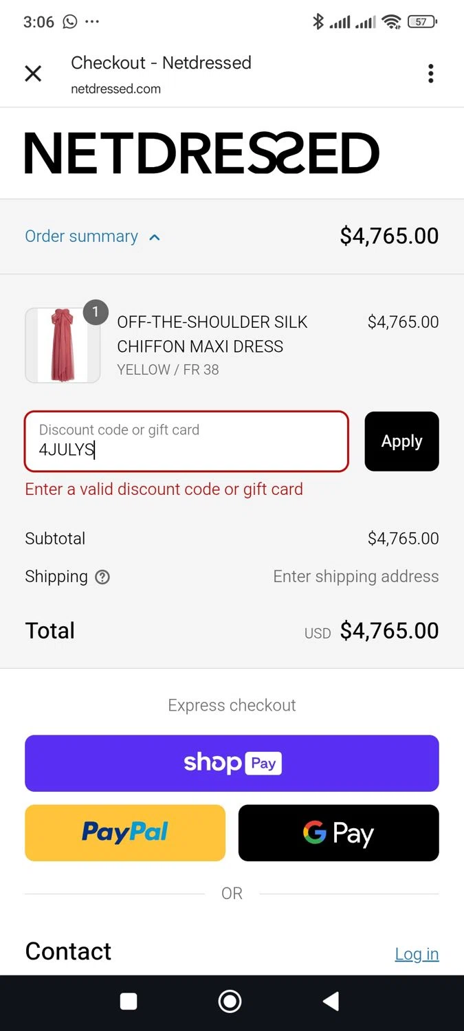 Netdressed discount code screenshot showing code 4JULYS applied at Netdressed checkout page. Uploaded by SimplyCodes community member SalvadorC1 on Jul 4, 2025