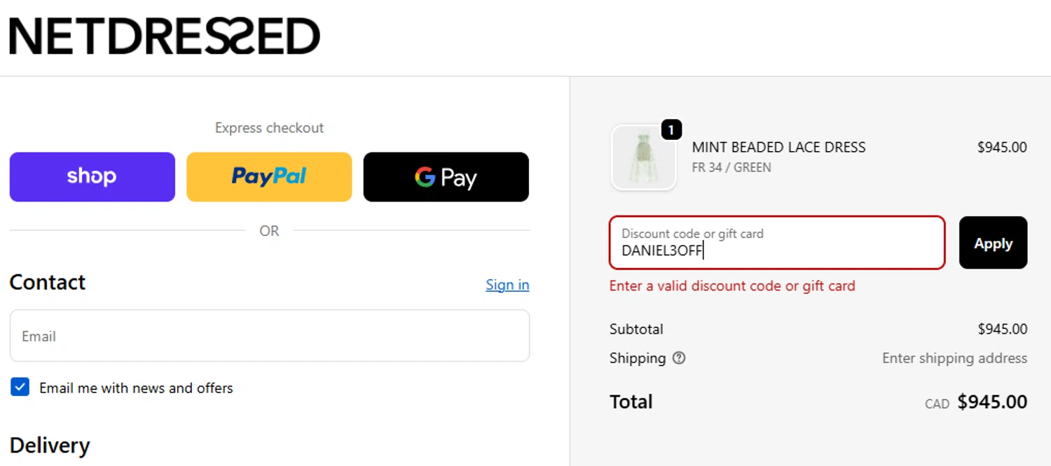 Netdressed discount code screenshot showing code DANIEL3OFF applied at Netdressed checkout page. Uploaded by SimplyCodes community member GloriousCollector9521 on Oct 2, 2025