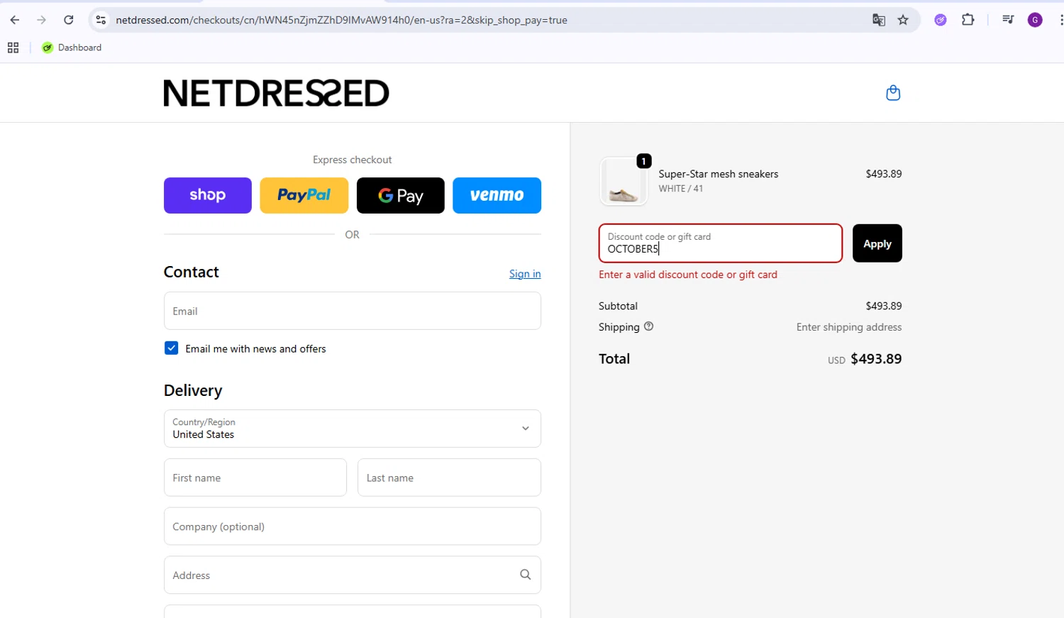 Netdressed discount code screenshot showing code OCTOBER5 applied at Netdressed checkout page. Uploaded by SimplyCodes community member WiseMaverick4603 on Oct 14, 2025