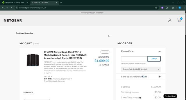 Netgear checkout page showing Netgear coupon code box | Screenshot taken by SimplyCodes community member on Sep 9, 2025