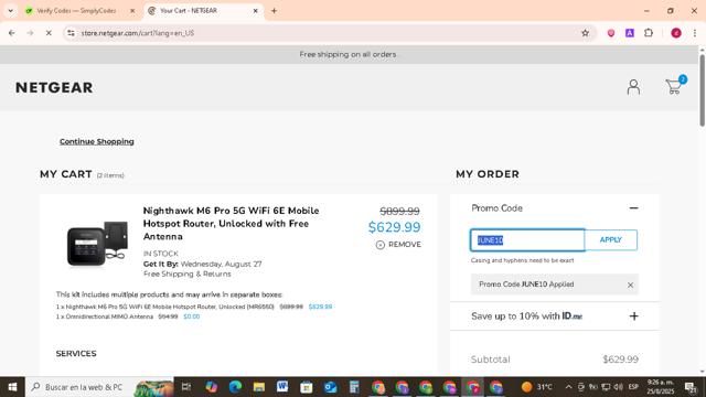 Netgear checkout page showing Netgear coupon code box | Screenshot taken by SimplyCodes community member on Aug 25, 2025
