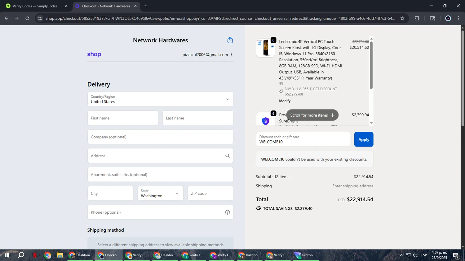Networking Hardwares promo code screenshot showing code WELCOME10 applied at Networking Hardwares checkout page. Uploaded by SimplyCodes community member RoyalBoss4384 on Sep 25, 2025