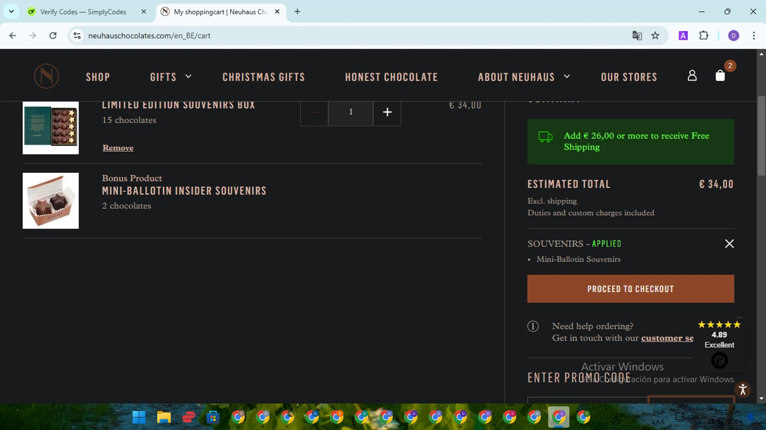 Neuhaus Chocolate checkout page showing Neuhaus Chocolate promo code box | Screenshot taken by SimplyCodes community member on Dec 15, 2024