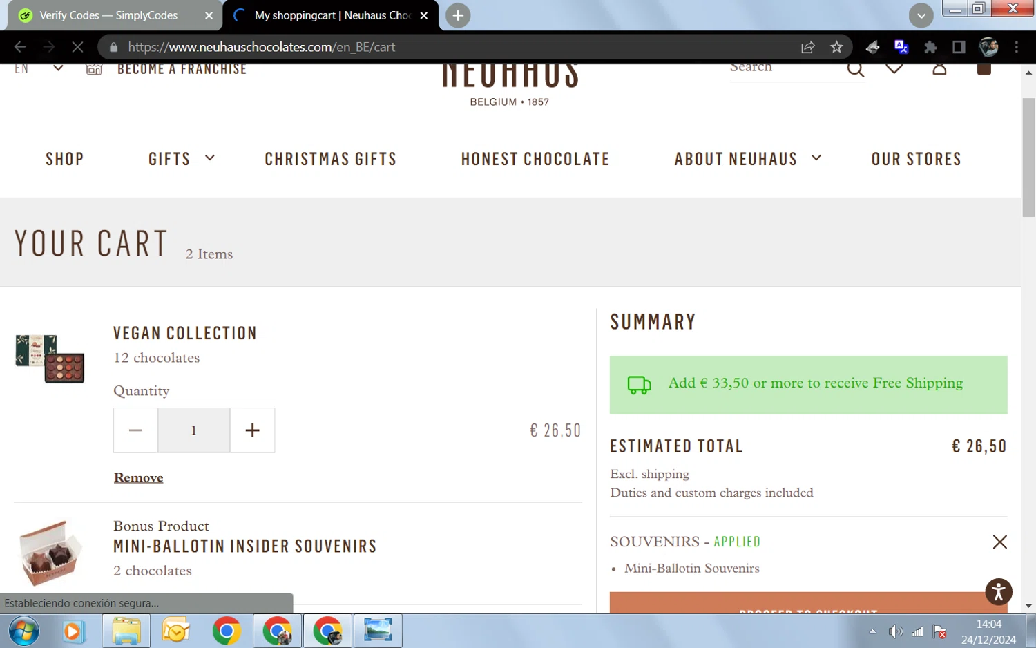 Neuhaus Chocolate checkout page showing Neuhaus Chocolate promo code box | Screenshot taken by SimplyCodes community member on Dec 24, 2024