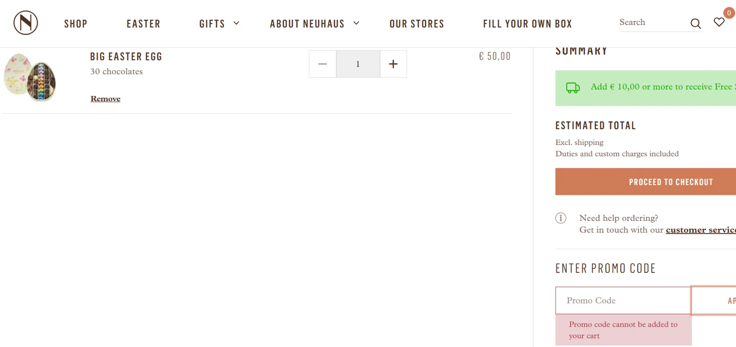 Neuhaus Chocolate promo code screenshot showing code LOVELETTER25 applied at Neuhaus Chocolate checkout page. Uploaded by SimplyCodes community member NinjaShoyo on Mar 3, 2025
