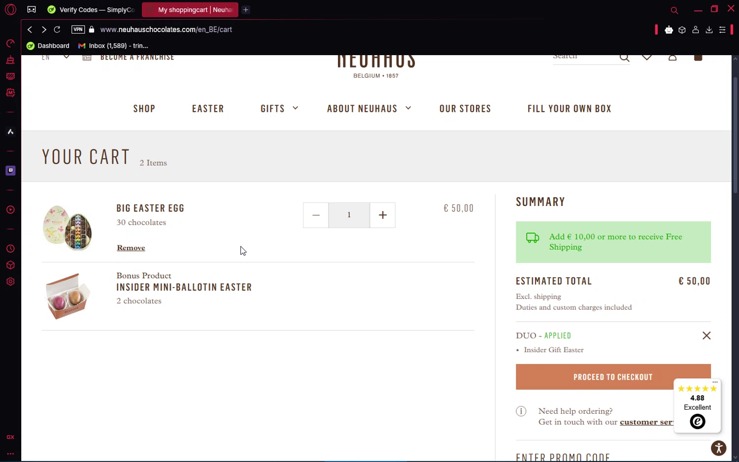 Neuhaus Chocolate checkout page showing Neuhaus Chocolate promo code box | Screenshot taken by SimplyCodes community member on Mar 28, 2025