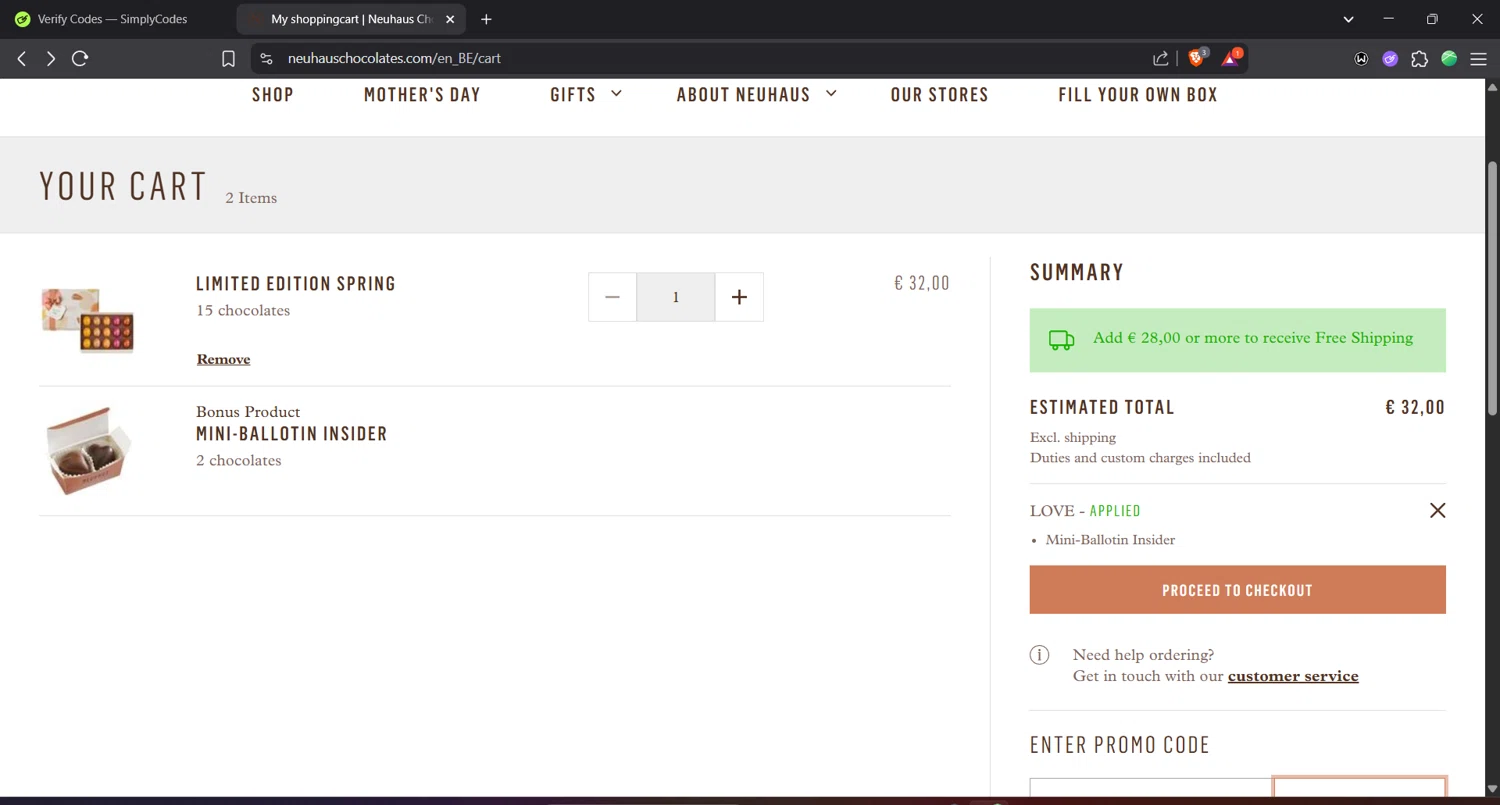 Neuhaus Chocolate checkout page showing Neuhaus Chocolate promo code box | Screenshot taken by SimplyCodes community member on Apr 29, 2025