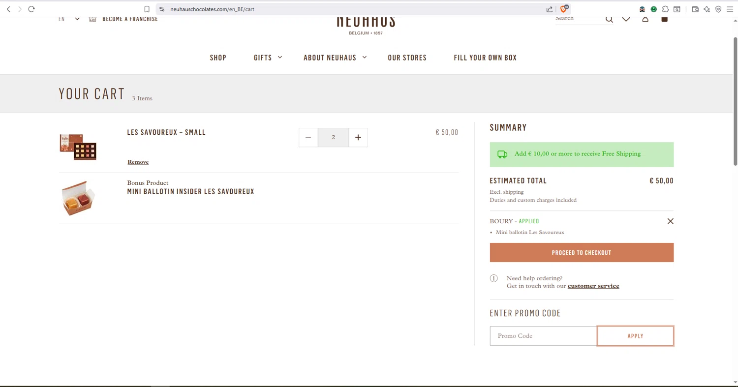 Neuhaus Chocolate checkout page showing Neuhaus Chocolate promo code box | Screenshot taken by SimplyCodes community member on Sep 4, 2025
