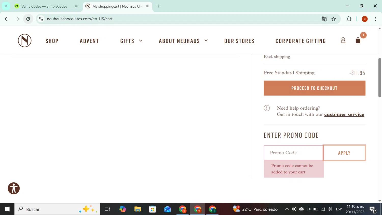 Neuhaus Chocolate promo code screenshot showing code STARS applied at Neuhaus Chocolate checkout page. Uploaded by SimplyCodes community member CashAdmiral6490 on Nov 20, 2025