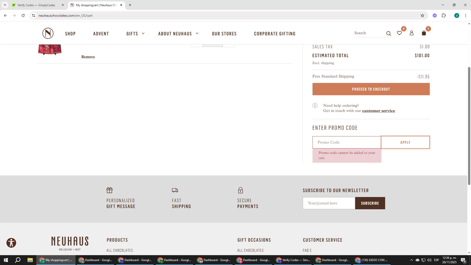 Neuhaus Chocolate promo code screenshot showing code STARS applied at Neuhaus Chocolate checkout page. Uploaded by SimplyCodes community member HEROESCUDA on Nov 20, 2025