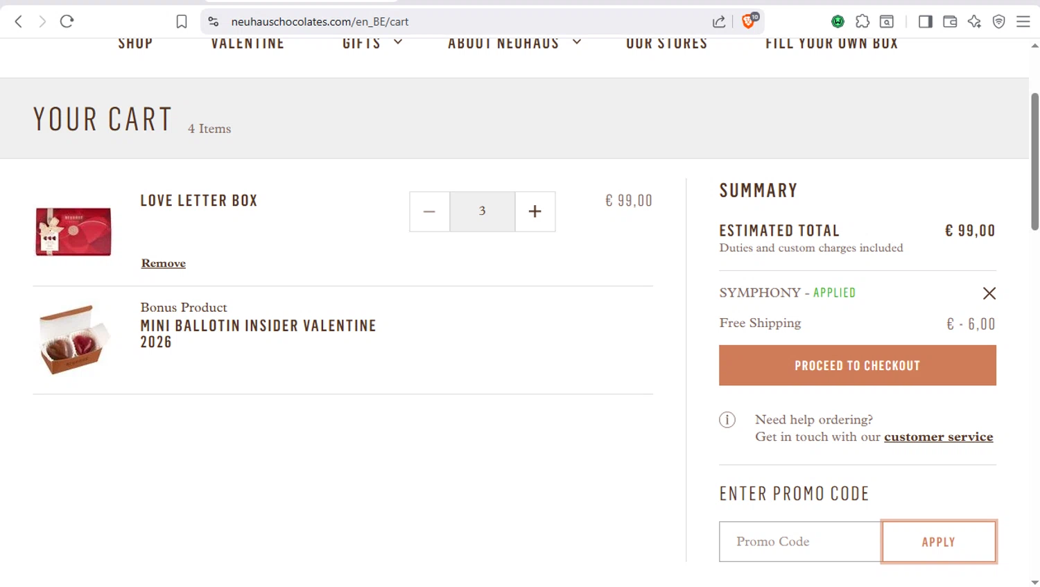 Neuhaus Chocolate checkout page showing Neuhaus Chocolate promo code box | Screenshot taken by SimplyCodes community member on Jan 24, 2026