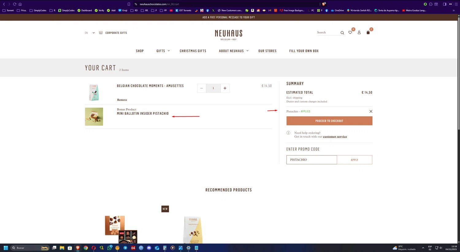 Neuhaus Chocolate promo code screenshot showing code PISTACHIO applied at Neuhaus Chocolate checkout page. Uploaded by SimplyCodes community member UnkNownVnzla on Dec 4, 2025