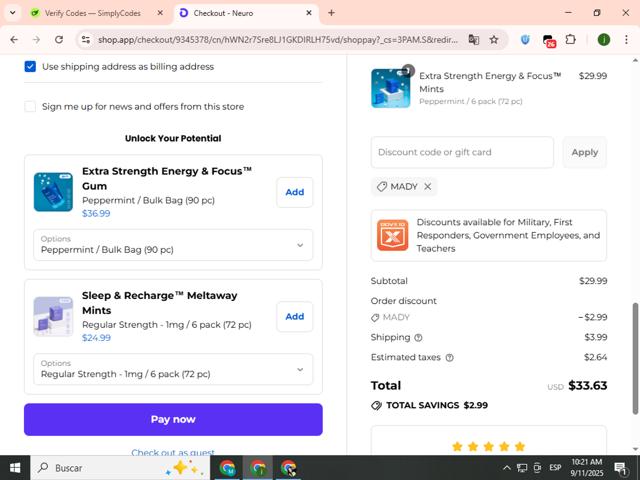 Neuro checkout page showing Neuro discount code box | Screenshot taken by SimplyCodes community member on Sep 11, 2025