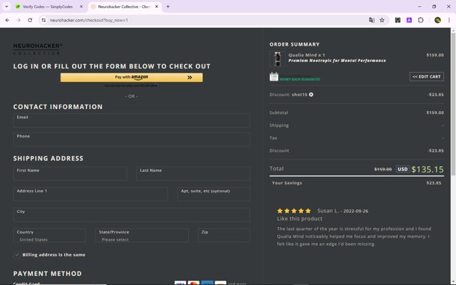 Qualia checkout page showing Qualia promo code box | Screenshot taken by SimplyCodes community member on Apr 25, 2024