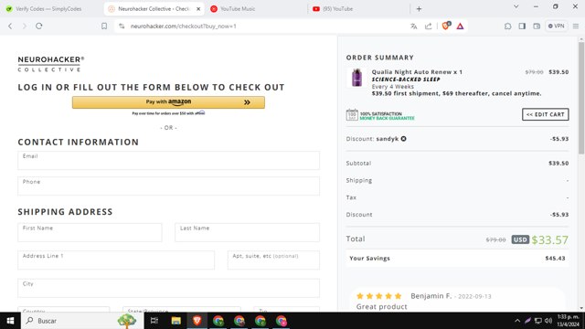 Qualia checkout page showing Qualia promo code box | Screenshot taken by SimplyCodes community member on Apr 13, 2024