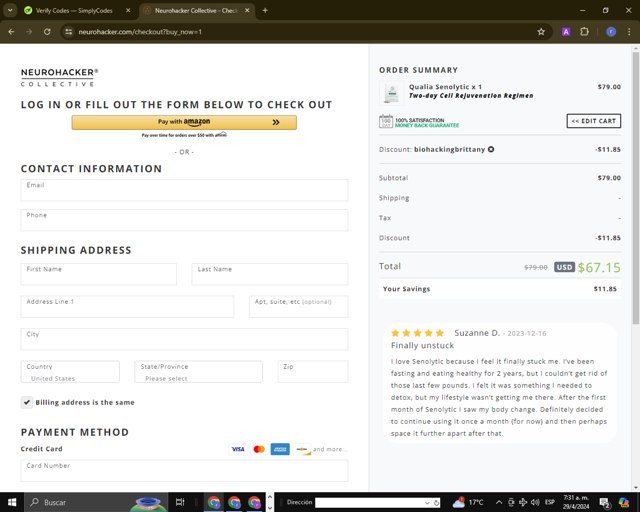 Qualia checkout page showing Qualia promo code box | Screenshot taken by SimplyCodes community member on Apr 29, 2024