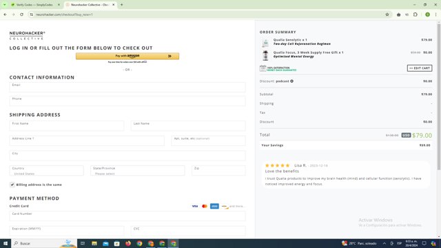 Qualia checkout page showing Qualia promo code box | Screenshot taken by SimplyCodes community member on Apr 20, 2024