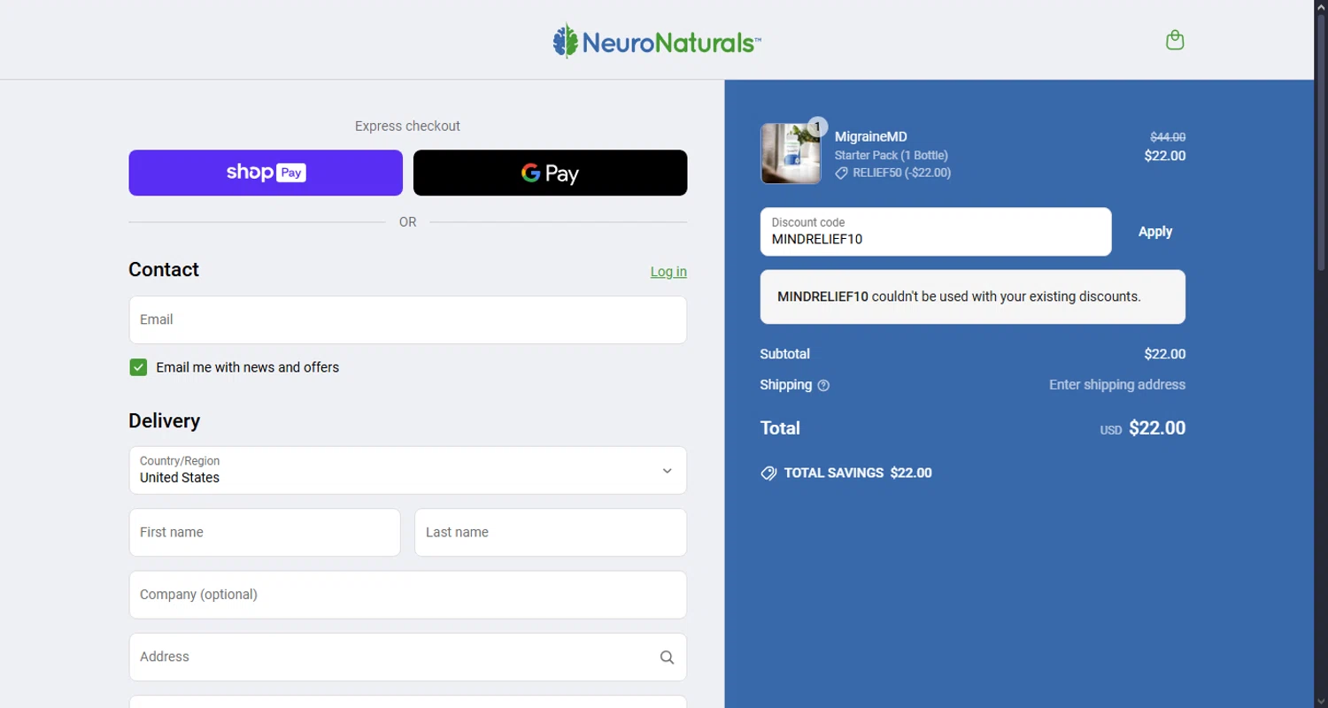 NeuroNaturals promo code screenshot showing code MINDRELIEF10 applied at NeuroNaturals checkout page. Uploaded by SimplyCodes community member MarcosTorres on Jun 15, 2025