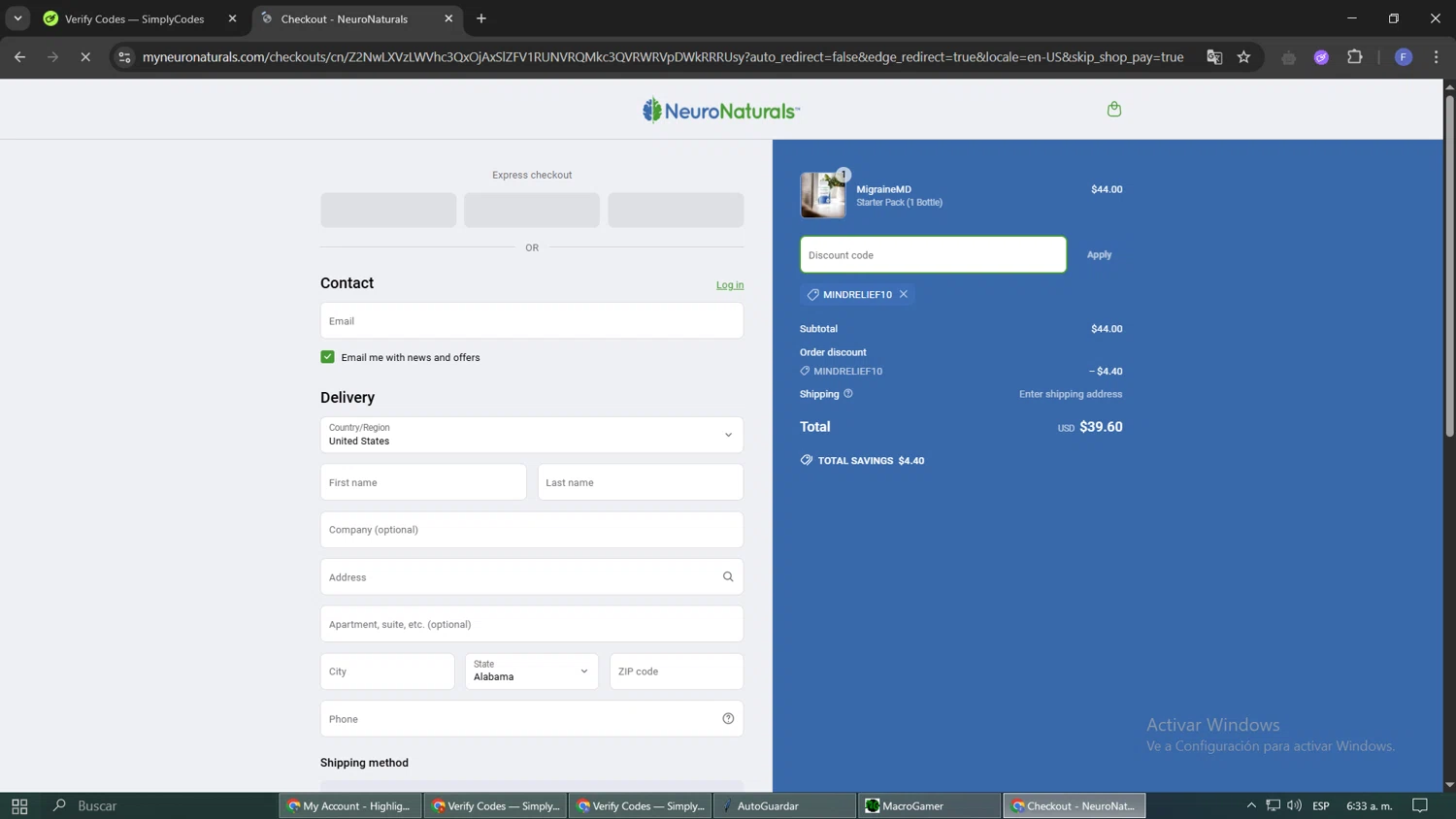 NeuroNaturals promo code screenshot showing code MINDRELIEF10 applied at NeuroNaturals checkout page. Uploaded by SimplyCodes community member ShieldLynx232 on May 17, 2025