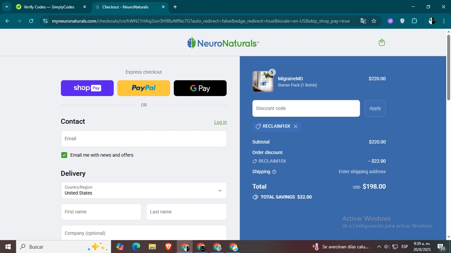 NeuroNaturals promo code screenshot showing code RECLAIM10X applied at NeuroNaturals checkout page. Uploaded by SimplyCodes community member CleverSage9163 on Aug 20, 2025