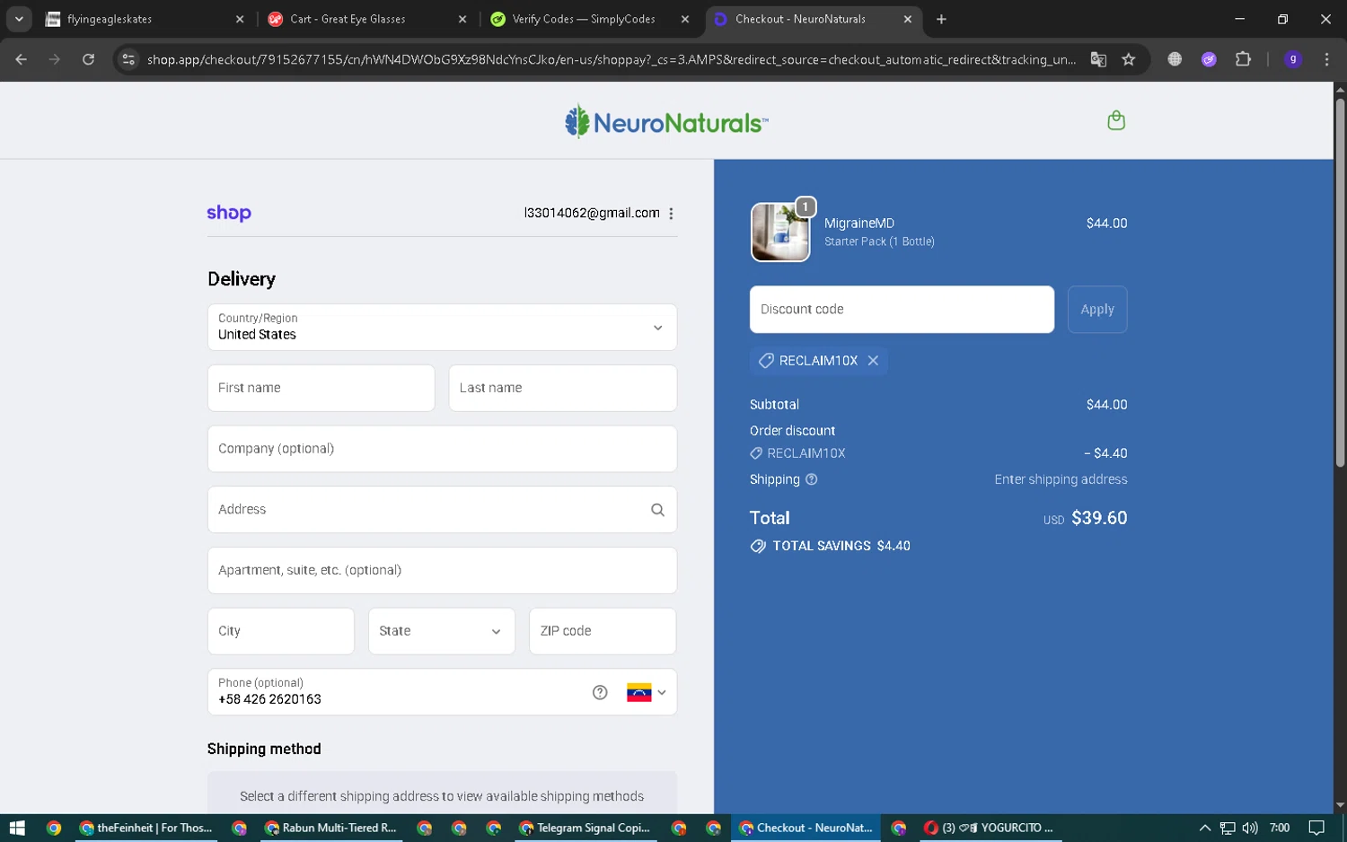 NeuroNaturals promo code screenshot showing code RECLAIM10X applied at NeuroNaturals checkout page. Uploaded by SimplyCodes community member Epa_yava on Oct 17, 2025