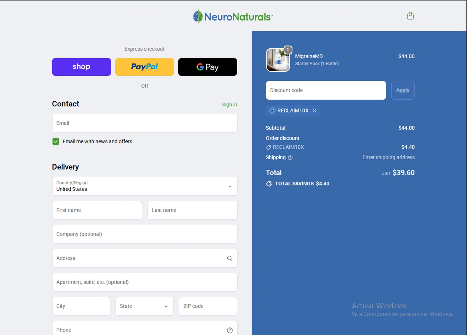 NeuroNaturals promo code screenshot showing code RECLAIM10X applied at NeuroNaturals checkout page. Uploaded by SimplyCodes community member SavvySaver9108 on Nov 15, 2025
