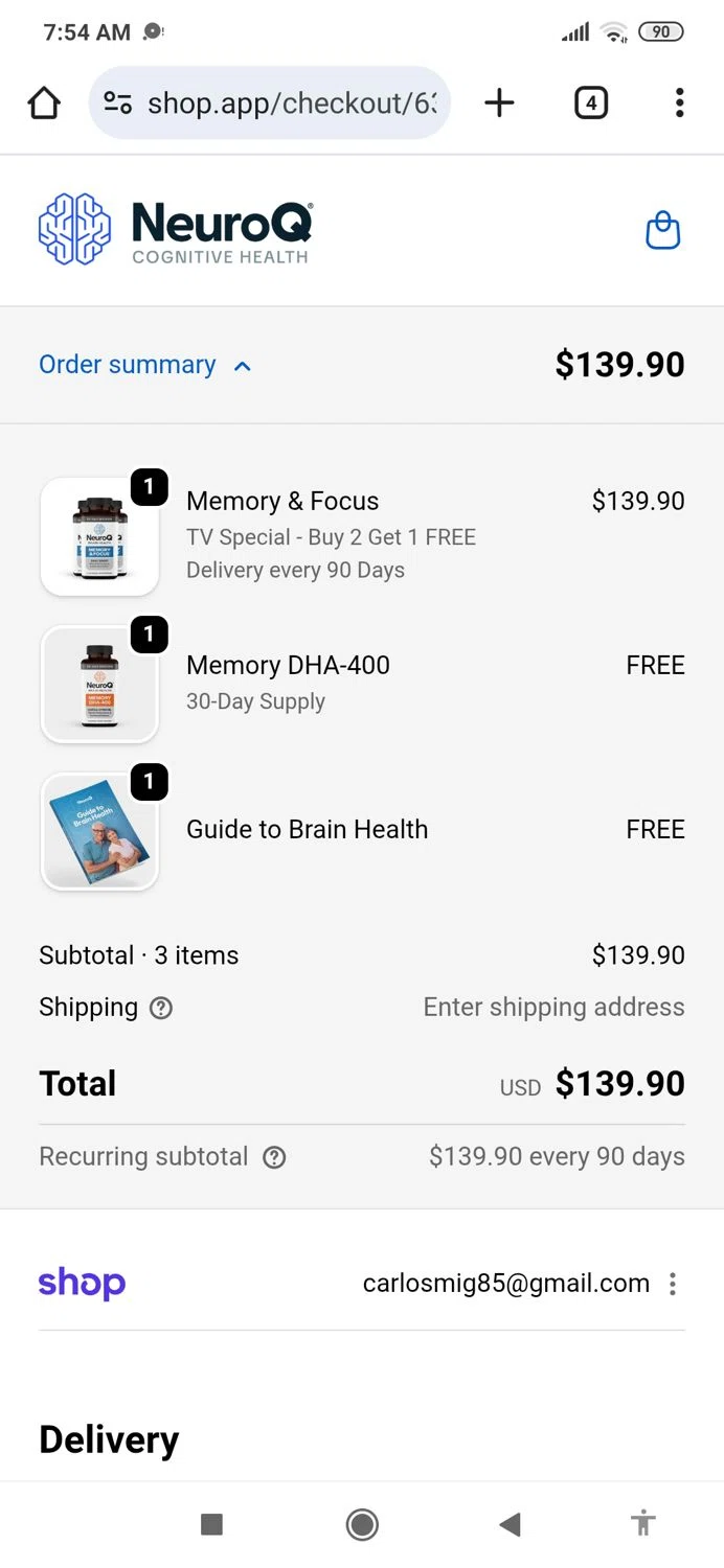 NeuroQ promo code screenshot showing code WELCOME applied at NeuroQ checkout page. Uploaded by SimplyCodes community member MightyBoss9975 on Dec 3, 2025