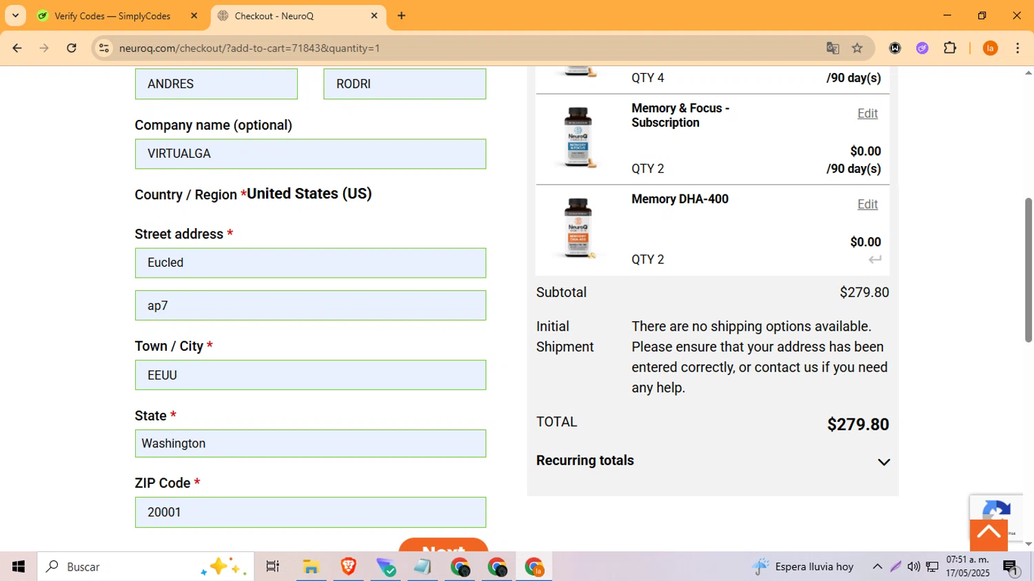 NeuroQ promo code screenshot showing code WELCOME applied at NeuroQ checkout page. Uploaded by SimplyCodes community member LegendaryFox4384 on May 17, 2025