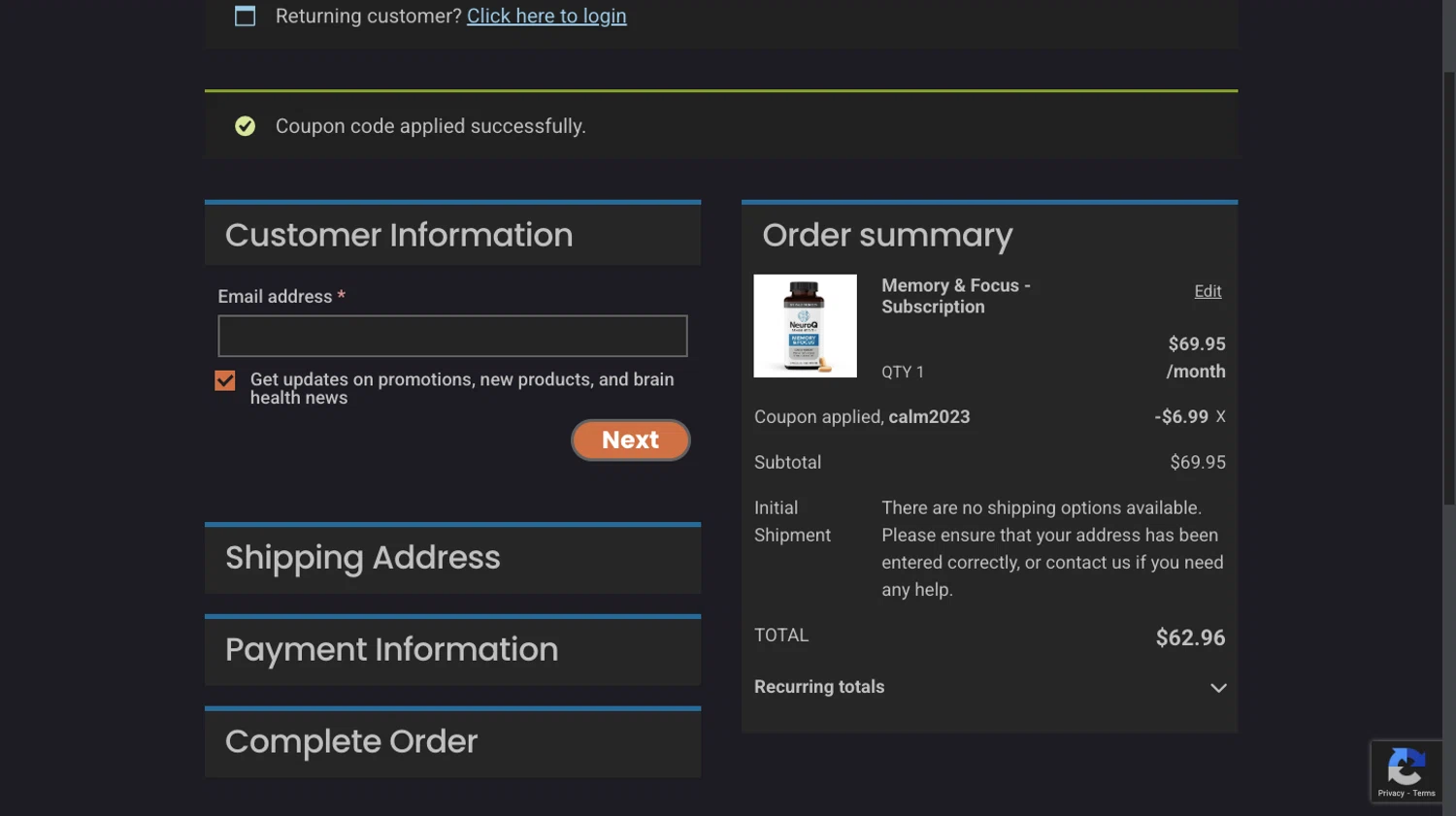 NeuroQ promo code screenshot showing code calm2023 applied at NeuroQ checkout page. Uploaded by SimplyCodes community member Peluche on May 10, 2025