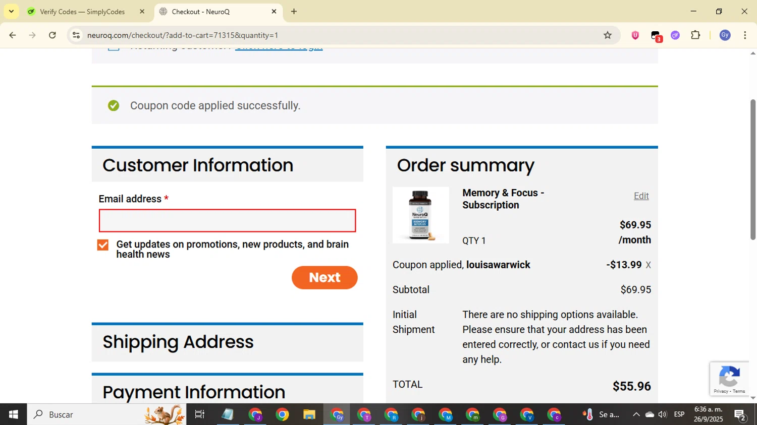 NeuroQ checkout page showing NeuroQ promo code box | Screenshot taken by SimplyCodes community member on Sep 26, 2025