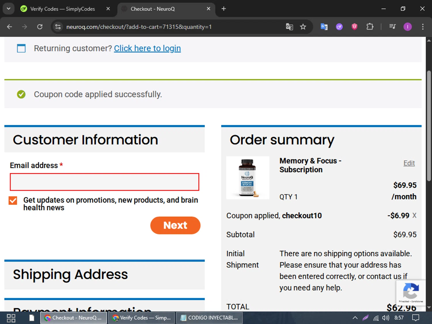 NeuroQ promo code screenshot showing code CHECKOUT10 applied at NeuroQ checkout page. Uploaded by SimplyCodes community member Doncangrejo on Aug 16, 2025