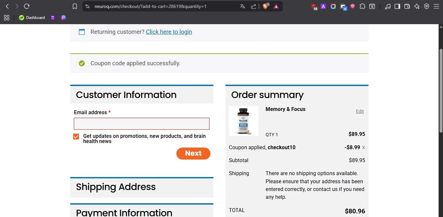NeuroQ promo code screenshot showing code CHECKOUT10 applied at NeuroQ checkout page. Uploaded by SimplyCodes community member EJL_MIQUILENA on Sep 2, 2025