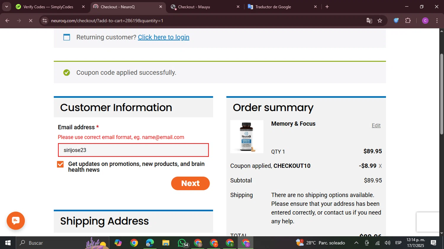 NeuroQ promo code screenshot showing code CHECKOUT10 applied at NeuroQ checkout page. Uploaded by SimplyCodes community member FrugalPro5078 on Jul 17, 2025