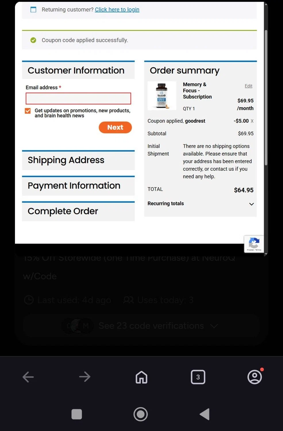 NeuroQ promo code screenshot showing code GOODREST applied at NeuroQ checkout page. Uploaded by SimplyCodes community member JulesCrnel on Dec 7, 2025