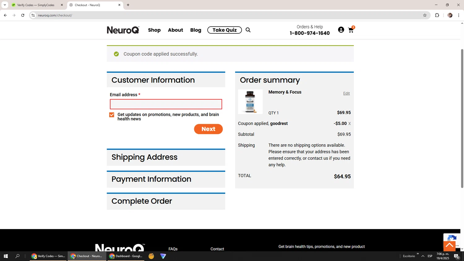 NeuroQ promo code screenshot showing code GOODREST applied at NeuroQ checkout page. Uploaded by SimplyCodes community member Levi_Ackerman on Apr 19, 2025