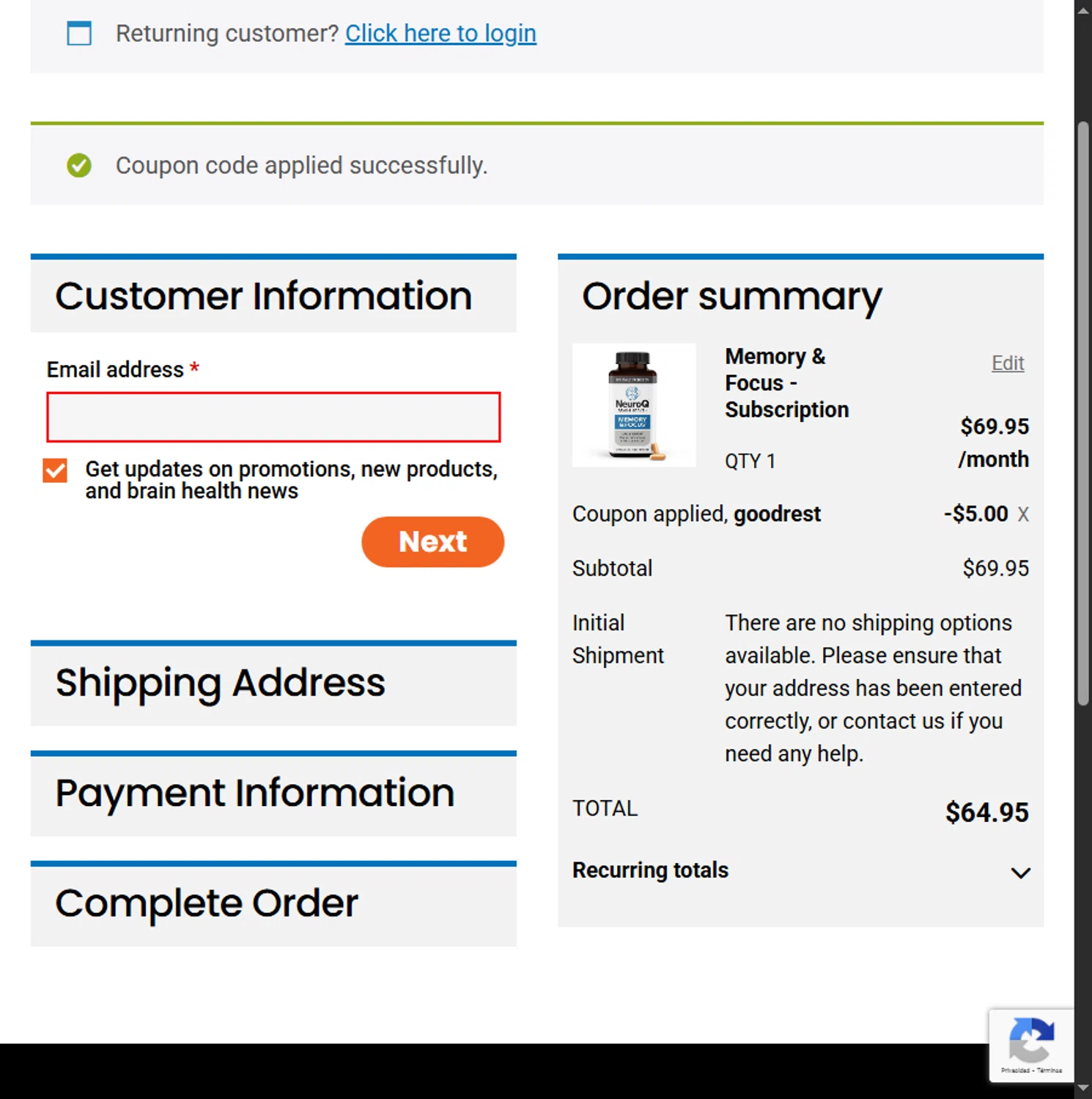 NeuroQ promo code screenshot showing code GOODREST applied at NeuroQ checkout page. Uploaded by SimplyCodes community member Sadalsuud on Sep 11, 2025