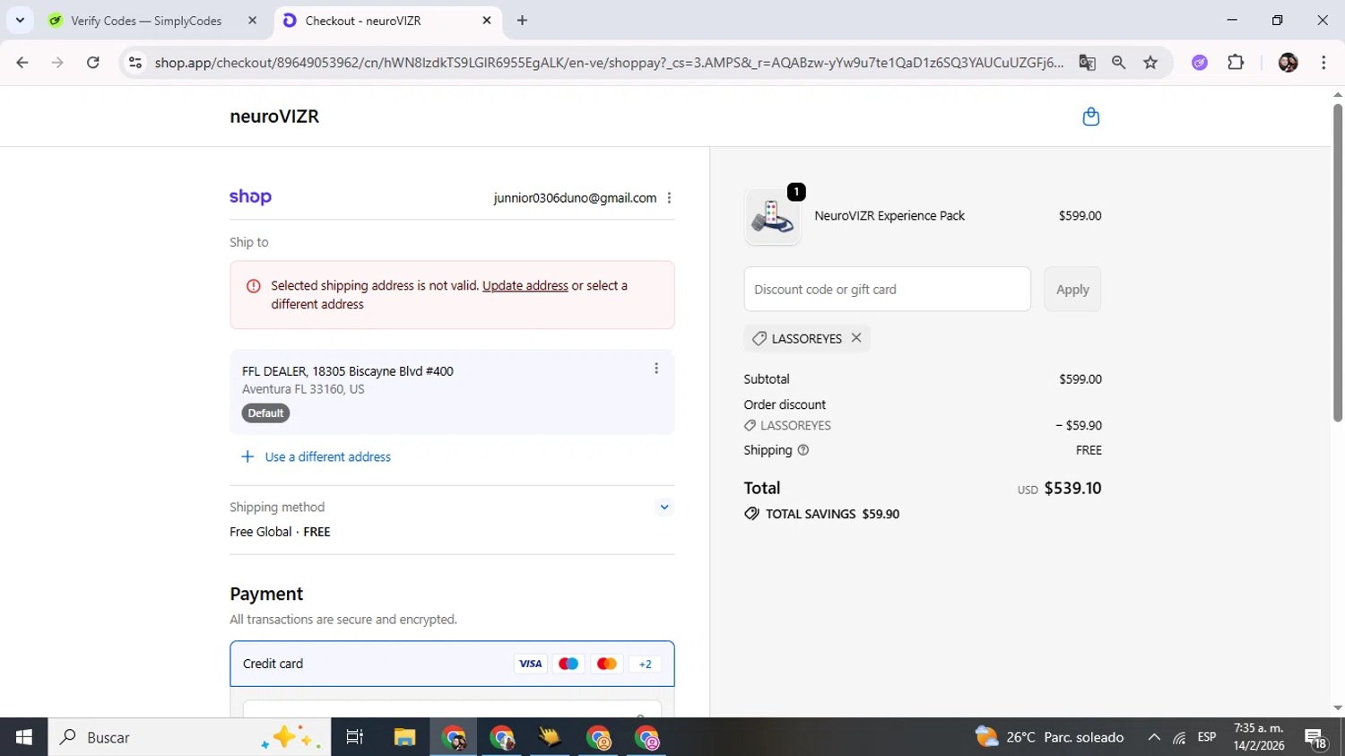 NeuroVizr checkout page showing NeuroVizr discount code box | Screenshot taken by SimplyCodes community member on Feb 14, 2026