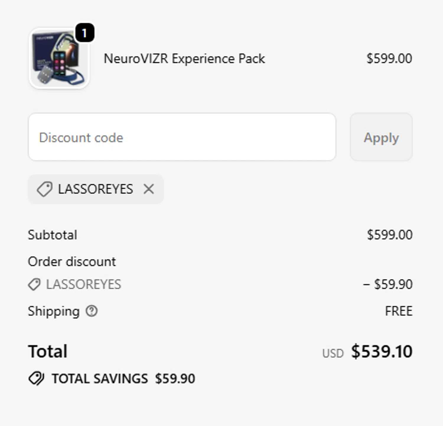 NeuroVizr discount code screenshot showing code lassoreyes applied at NeuroVizr checkout page. Uploaded by SimplyCodes community member mariosemeco on Dec 18, 2025