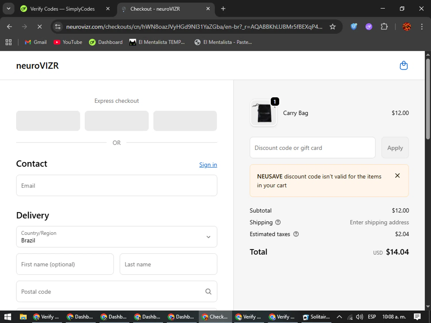 NeuroVizr checkout page showing NeuroVizr discount code box | Screenshot taken by SimplyCodes community member on Feb 15, 2026