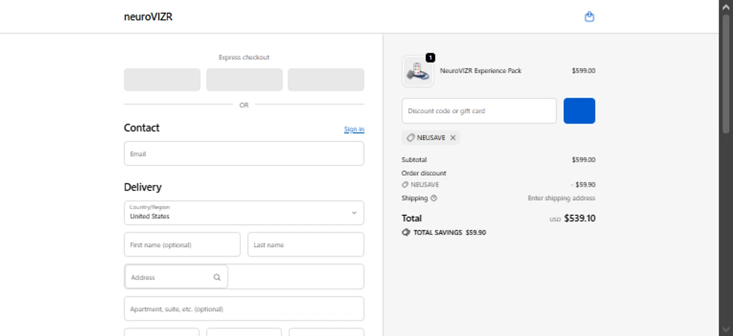 NeuroVizr discount code screenshot showing code NEUSAVE applied at NeuroVizr checkout page. Uploaded by SimplyCodes community member TraxoGamer on Feb 12, 2026