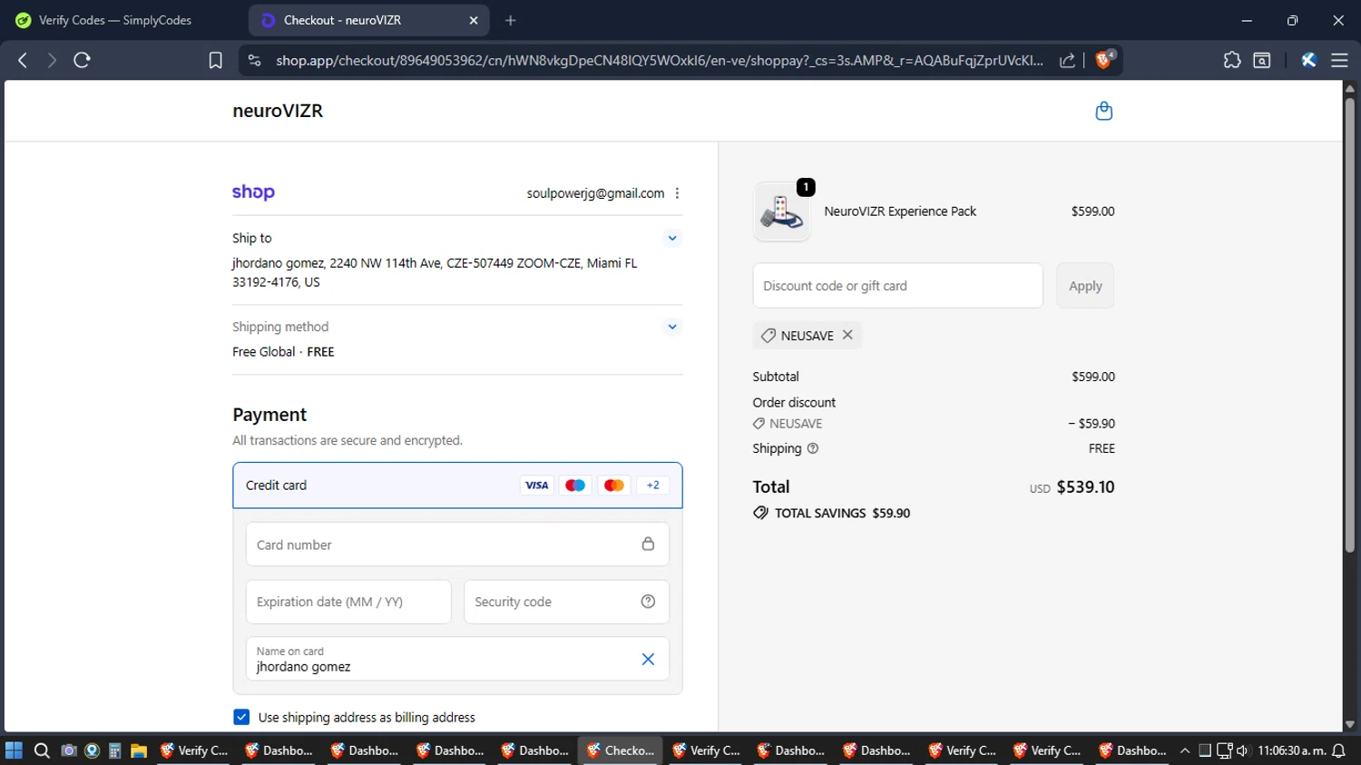 NeuroVizr checkout page showing NeuroVizr discount code box | Screenshot taken by SimplyCodes community member on Feb 18, 2026