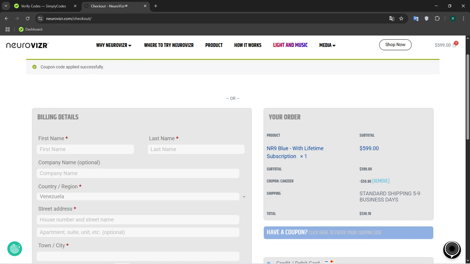 NeuroVizr discount code screenshot showing code canzeer applied at NeuroVizr checkout page. Uploaded by SimplyCodes community member Coneflavols on Apr 1, 2025