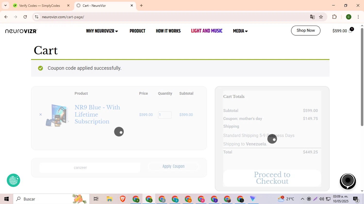 NeuroVizr discount code screenshot showing code canzeer applied at NeuroVizr checkout page. Uploaded by SimplyCodes community member DevianArt on May 10, 2025