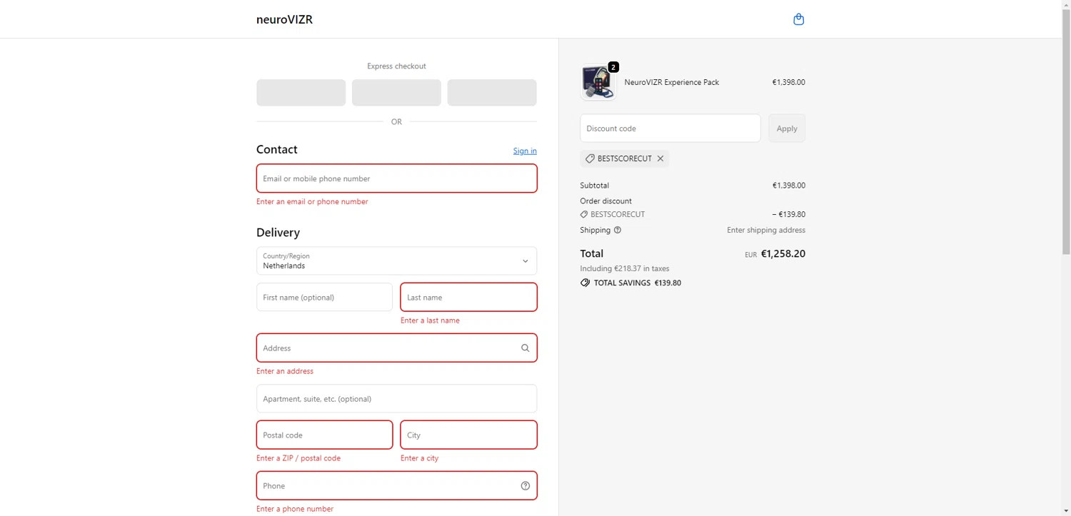 NeuroVizr discount code screenshot showing code bestscorecut applied at NeuroVizr checkout page. Uploaded by SimplyCodes community member PromoAdmiral6652 on Oct 22, 2025