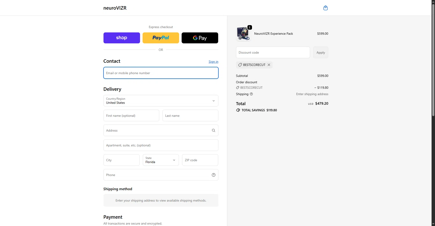 NeuroVizr discount code screenshot showing code bestscorecut applied at NeuroVizr checkout page. Uploaded by SimplyCodes community member jesus4 on Oct 22, 2025