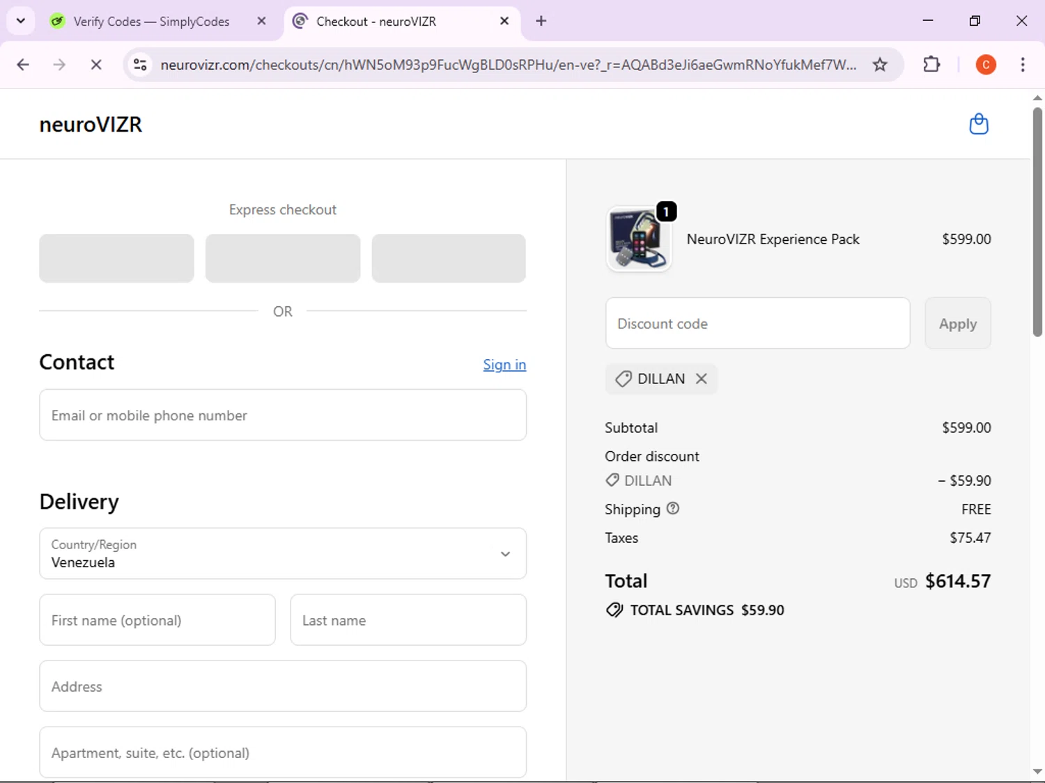 NeuroVizr discount code screenshot showing code DILLAN applied at NeuroVizr checkout page. Uploaded by SimplyCodes community member CleverFox763 on Nov 28, 2025