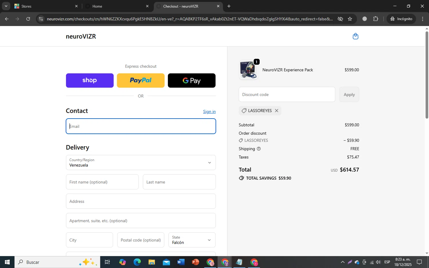 NeuroVizr discount code screenshot showing code lassoreyes applied at NeuroVizr checkout page. Uploaded by SimplyCodes community member Ronny50 on Dec 18, 2025