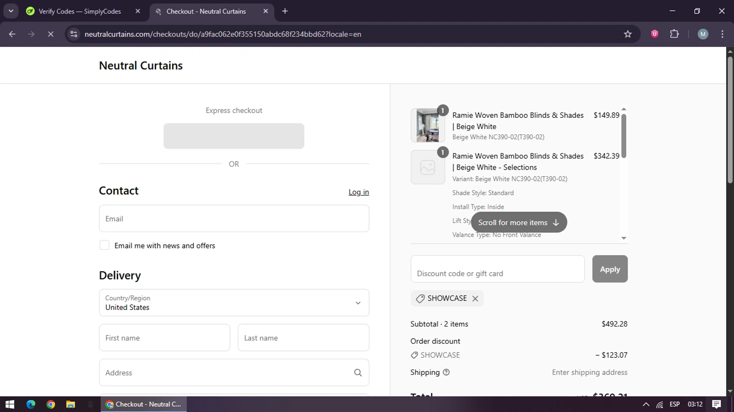 Neutral Curtains coupon code screenshot showing code SHOWCASE applied at Neutral Curtains checkout page. Uploaded by SimplyCodes community member maraxo on Jul 21, 2025